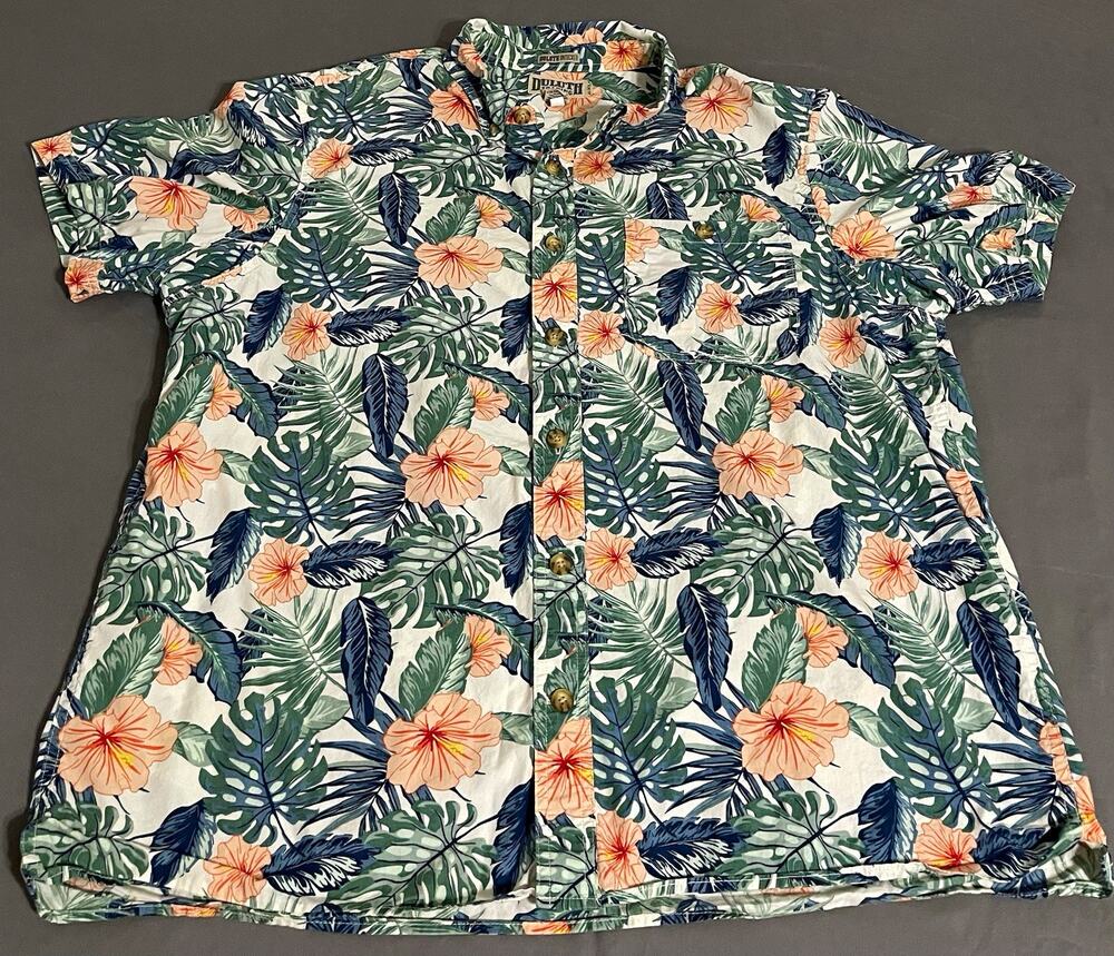 Duluth Trading Mens 2XL Untucked Slim Fit Shirt Tropical Hibiscus Cotton